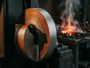 Industrielle Hochtemperatur-Klebebandrolle auf Stahlmaschine, glühend heißes Metall im Hintergrund einer Werkstatt.
