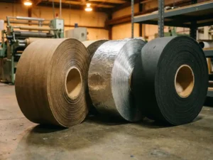 Industrielle Kleberollenrollen aus Gewebeband, Aluminiumfolie und Schwarzschaum auf Betonboden einer Fabrikhalle.