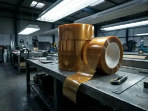 Industrielle Rollen aus bernsteinfarbenem PET-Klebeband auf Stahlwerkbank, eine Rolle teilweise abgerollt mit glänzender Polyesterfilm-Oberfläche.