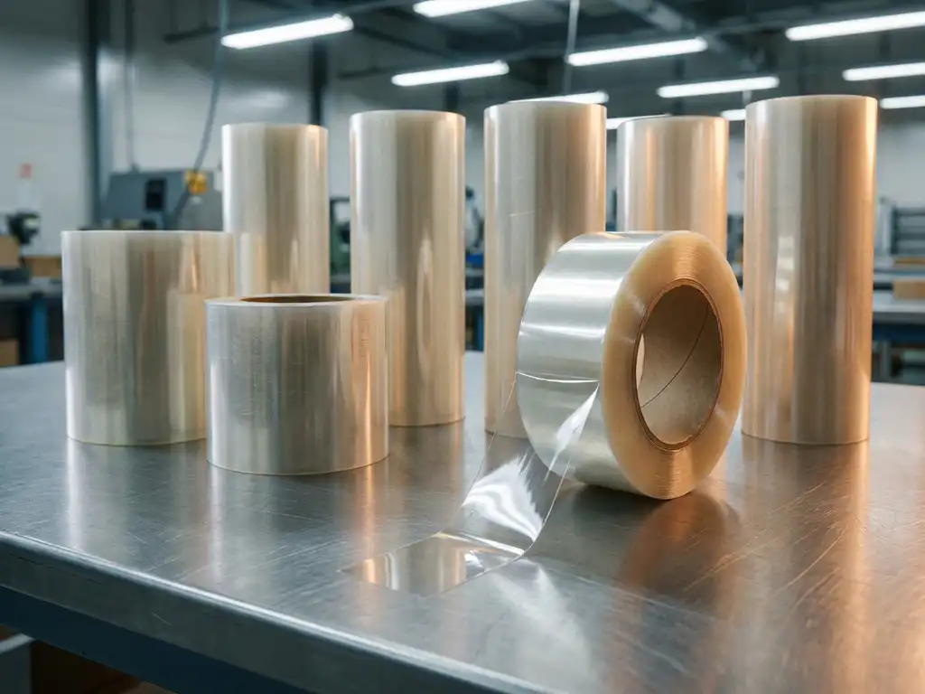 Industrielle PET-Klebebandrollen in verschiedenen Breiten auf Stahloberfläche, teilweise abgerollt mit glänzender transparenter Folie sichtbar.