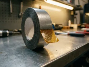 Industrielle Druckempfindliche Klebebandrolle mit sichtbarem Querschnitt auf Stahlwerkbank, glänzende Acryloberfläche in Anthrazit und Silber.