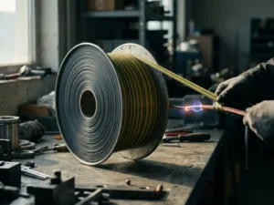 Elektrisches Isolierband auf schwerem Industriespulenkern, neben leuchtendem Kupferleiter auf Stahl-Werkbank, Tiefenschärfe.