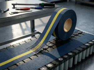 Schweres Isolierband auf einem Lithium-Batteriemodul mit sichtbaren Zellreihen in einer professionellen Werkstatt.