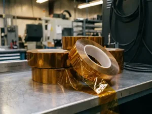 Industrielle Rollen Kapton-Polyimidband in Bernsteinfarbe auf Edelstahlwerkbank, eine Rolle teilweise abgerollt.