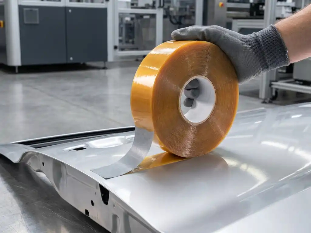Doppelseitiges Acrylklebeband wird auf glänzendes Karosseriepanel gedrückt, Fertigungsumgebung, Nahaufnahme.