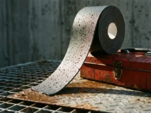 Industrielles Acrylschaum-Doppelklebeband auf verwitterter Metalloberfläche mit Regentropfen, scharfe Sonnenschatten, Betonwand im Hintergrund.