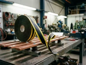 Schwarz-gelbes Industrieisolierband wird auf eine Kupferschiene auf einer Stahlwerkbank aufgewickelt, scharfe Schatten unter Werkstattbeleuchtung.