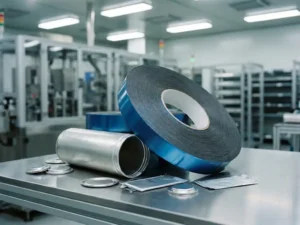 Industrielles Klebeband mit verstärkten Kanten neben einer demontierten Lithium-Batteriezelle mit Druckentlastungsmembranen.