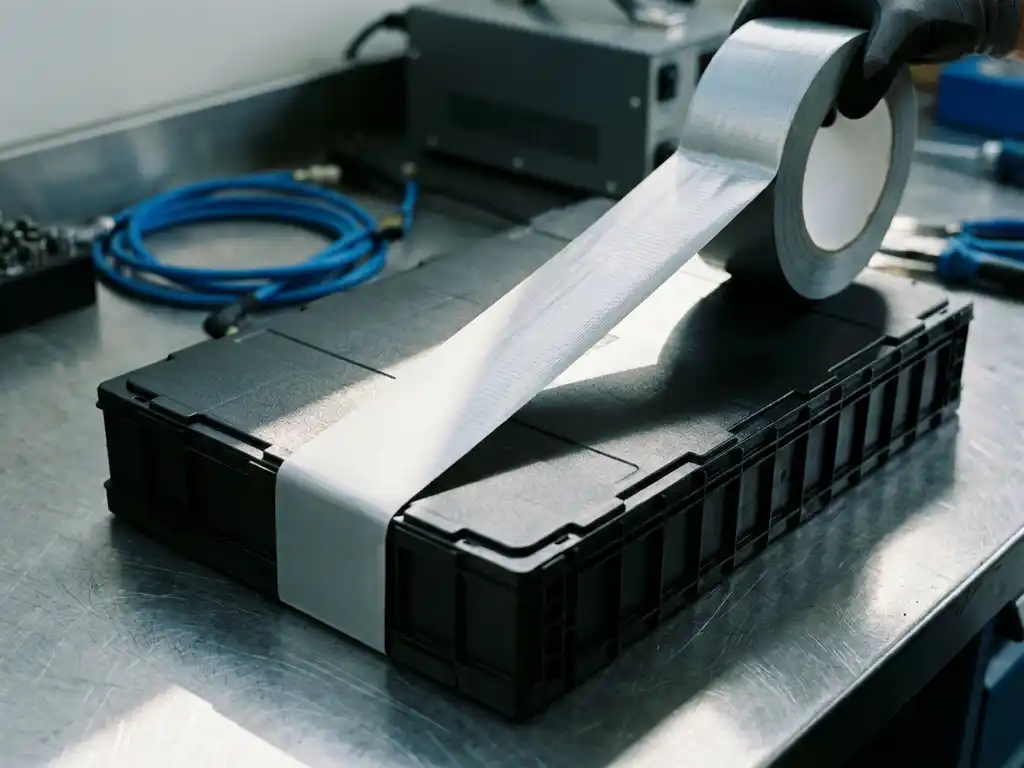 Industrielles Klebeband wird präzise an der Kante eines Lithium-Batteriezellenmoduls auf einer Stahlwerkbank aufgetragen.