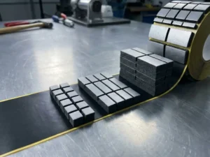 Industrielles Klebebandrolle und präzise gestanzte Schaumstoffsegmente auf gebürstetem Stahltisch für Batteriemodul-Montage.
