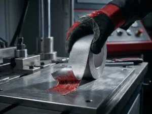 Behandschuhte Hand drückt Industrie-Klebebandrolle auf gebürstete Stahloberfläche, Bandkante leicht abgelöst, dramatisches Seitenlicht.
