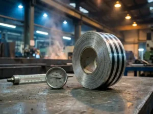 Industrielles Klebeband in Silber-Schwarz auf Stahloberfläche neben Präzisionsthermometer und Temperaturmessgerät in Werkstatt.