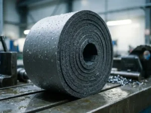Industrielle PE-Schaumstoffklebeband-Rolle mit grauem Schaumkern, Wassertropfen perlen auf nassem Metallwerkbank ab.