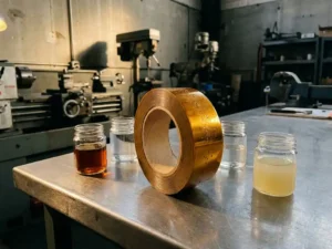 Polyimid-Klebebandrolle auf Stahlwerkbank, umgeben von Maschinenöl, Lösungsmittel und Säurelösung, Tropfen perlen auf goldfarbener Oberfläche.