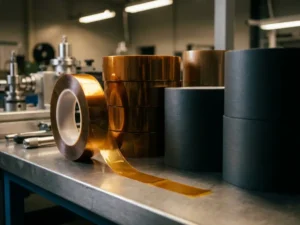 Industrielle Rollen Polyimid-Klebeband in Gold-Bernstein und Dunkelgrau auf gebürstetem Edelstahl, eine Rolle teilweise abgewickelt.