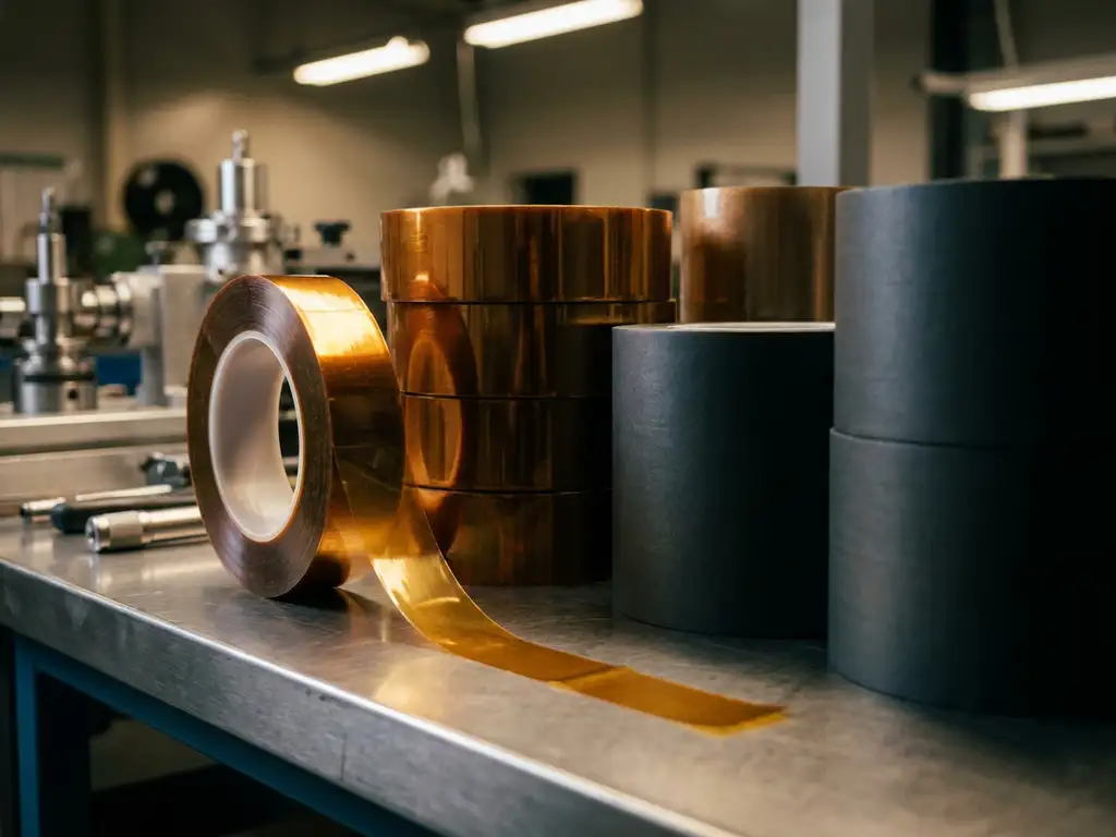 Industrielle Rollen Polyimid-Klebeband in Gold-Bernstein und Dunkelgrau auf gebürstetem Edelstahl, eine Rolle teilweise abgewickelt.