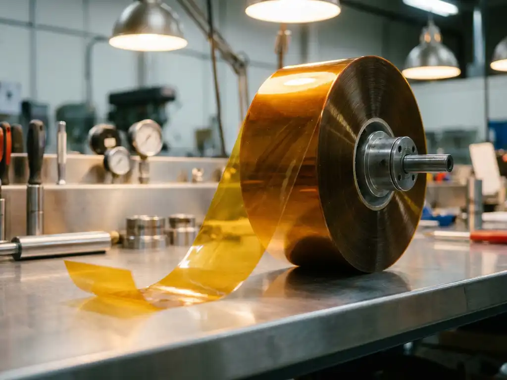 Industrielle Rolle Polyimid-Klebeband in Bernsteinfarbe auf Metallwerkbank, transluzente goldene Folie im Gegenlicht.
